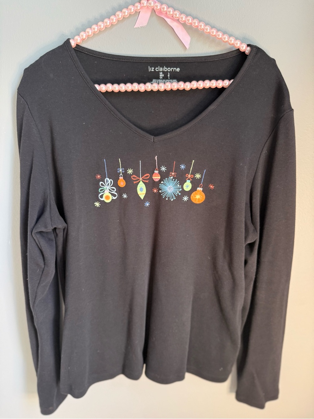 Liz Claiborne womens Black Long-Sleeve Holiday Ornament Top